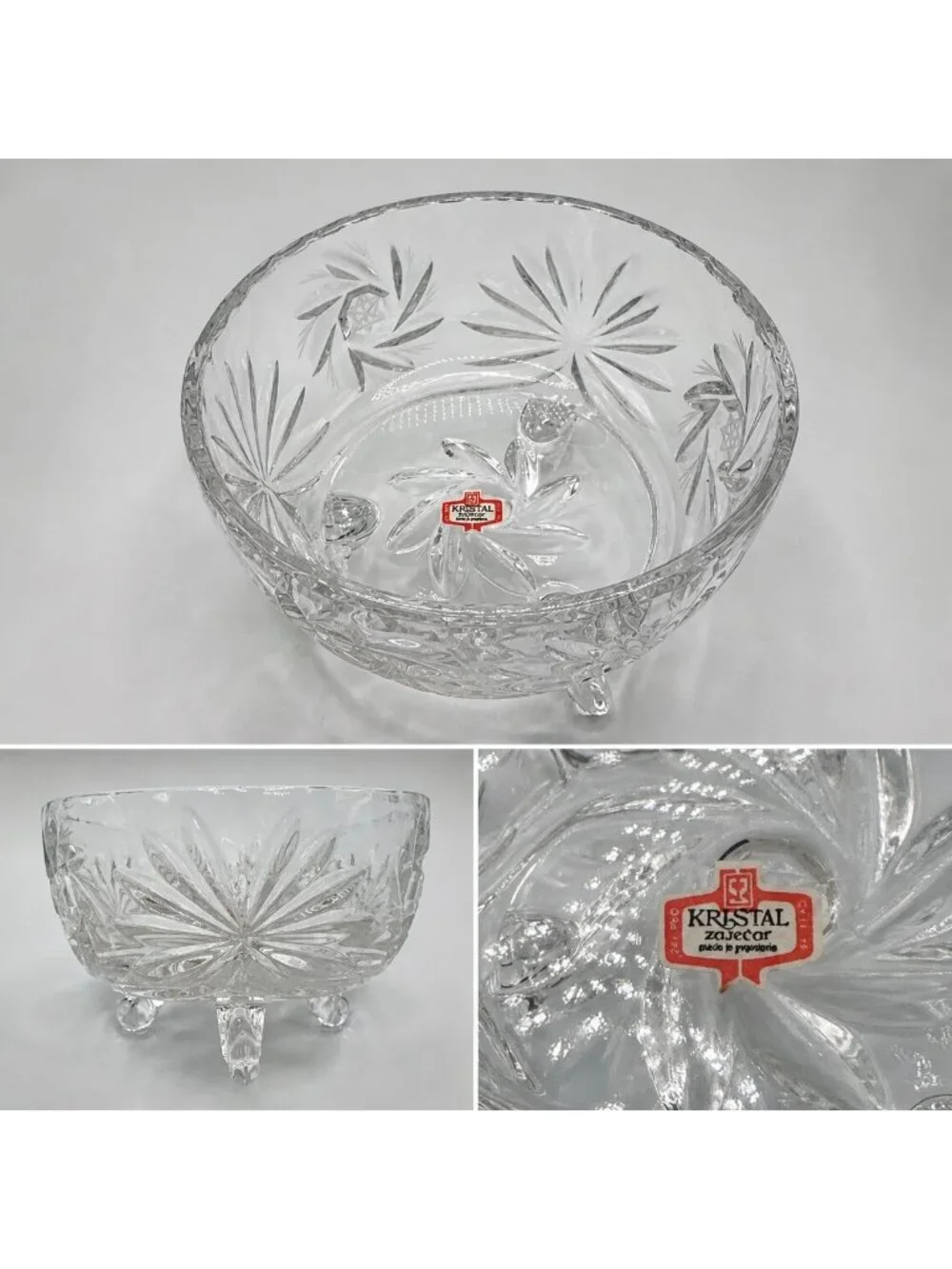 Kristal Zajecar Yugoslavian Crystal Footed Bowl with Floral Starburst Design